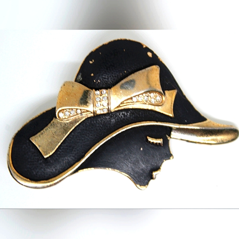 Vintage Lady"Breakfast at Tiffany's Hat" Gold & Black Enamel Brooch